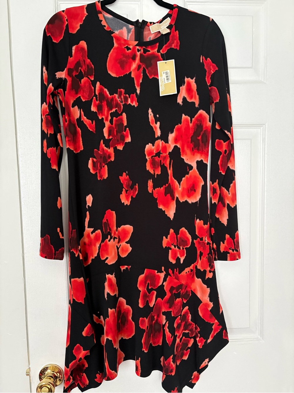 NWT MICHAEL Michael Kors Black & Red Floral Long Sleeve Drop Hem Dress Size S